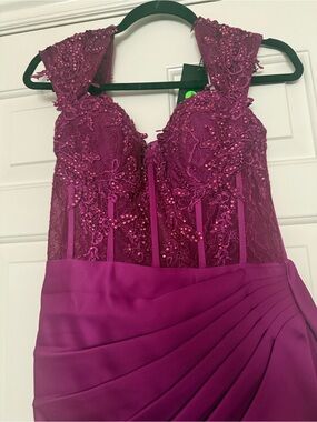 Terani Couture Beaded Lace Bodice Evening Gown in Plum
